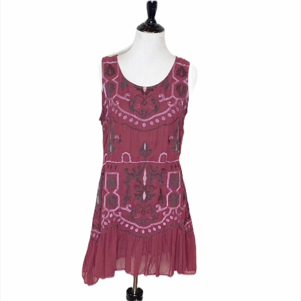 Octavia Burgandy Mesh embroidery tunic - Size-Small